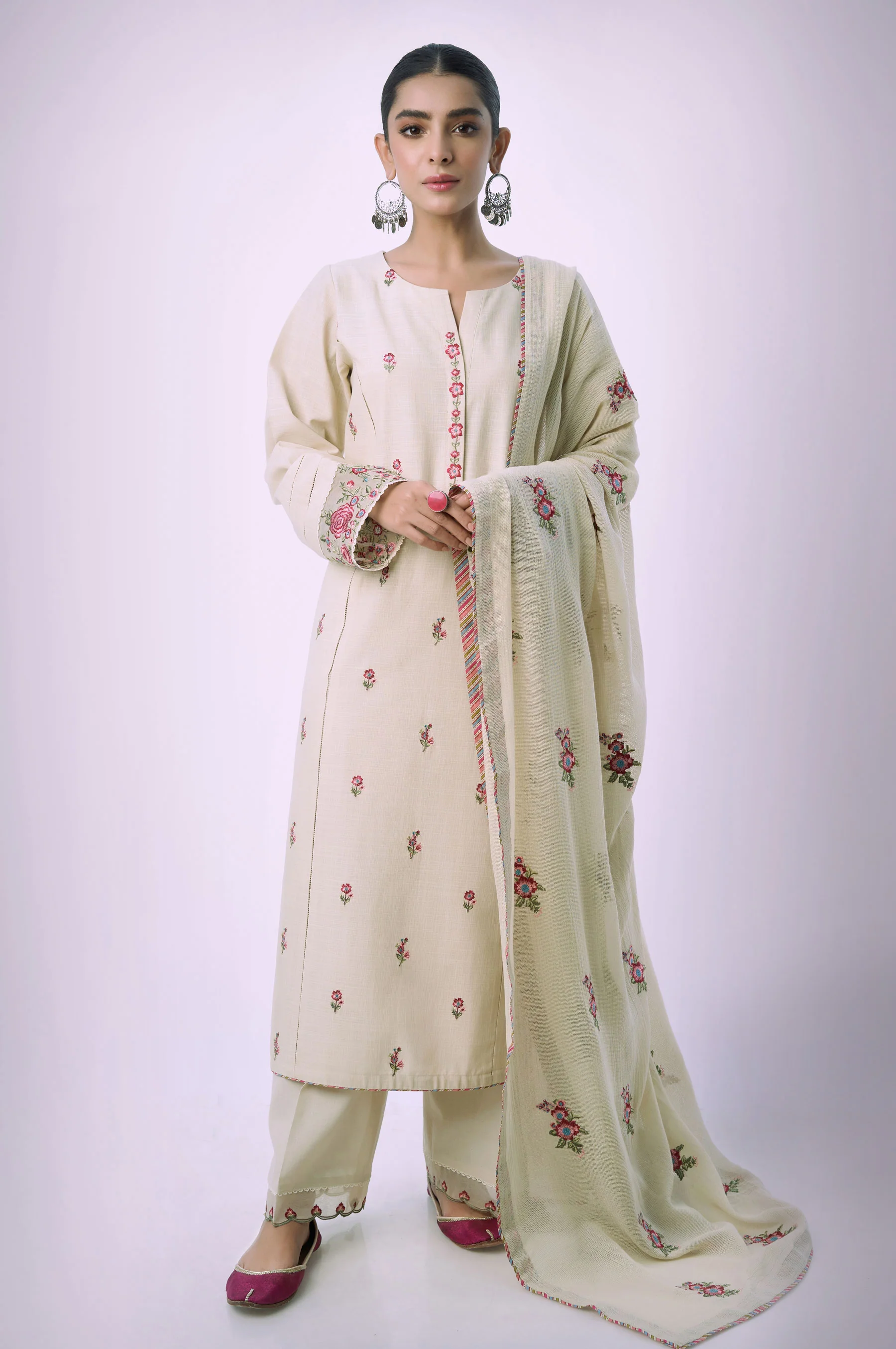Unstitched 3 Piece Embroidered Textured Slub Suit - Image 2