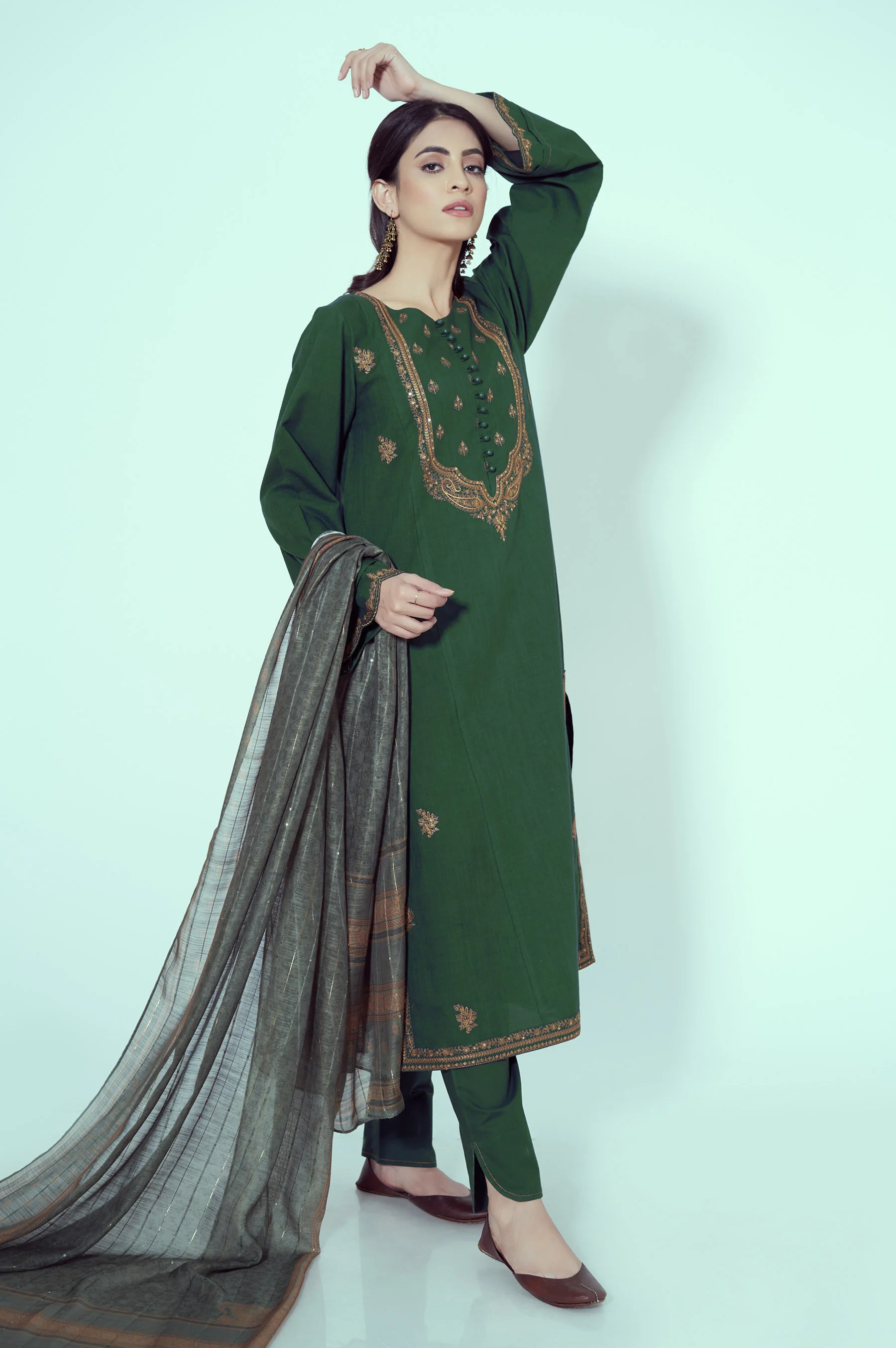 Unstitched 3 Piece Embroidered Textured Slub Suit - Image 2