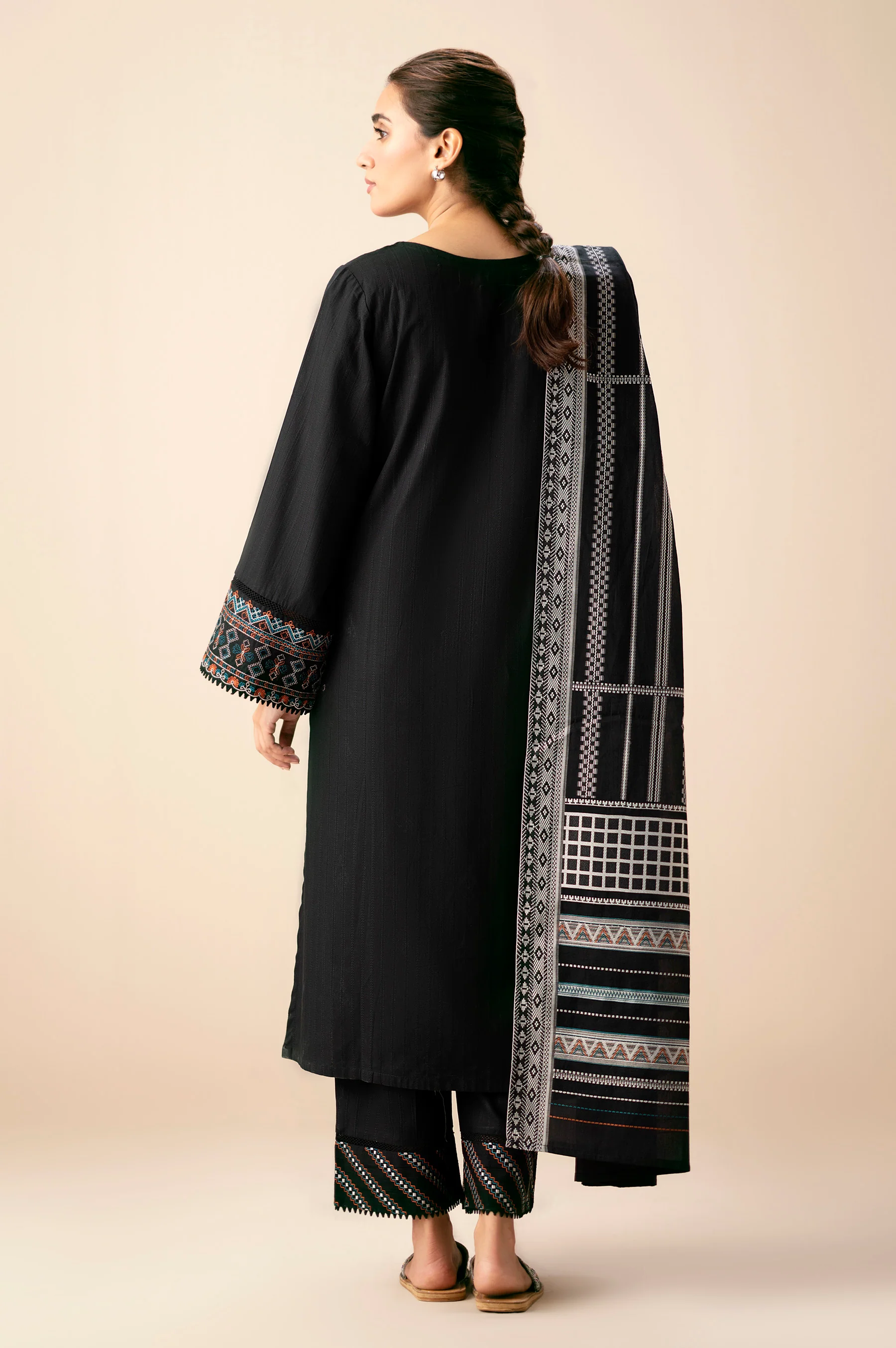 Unstitched 3 Piece Embroidered Textured Slub Suit - Image 3
