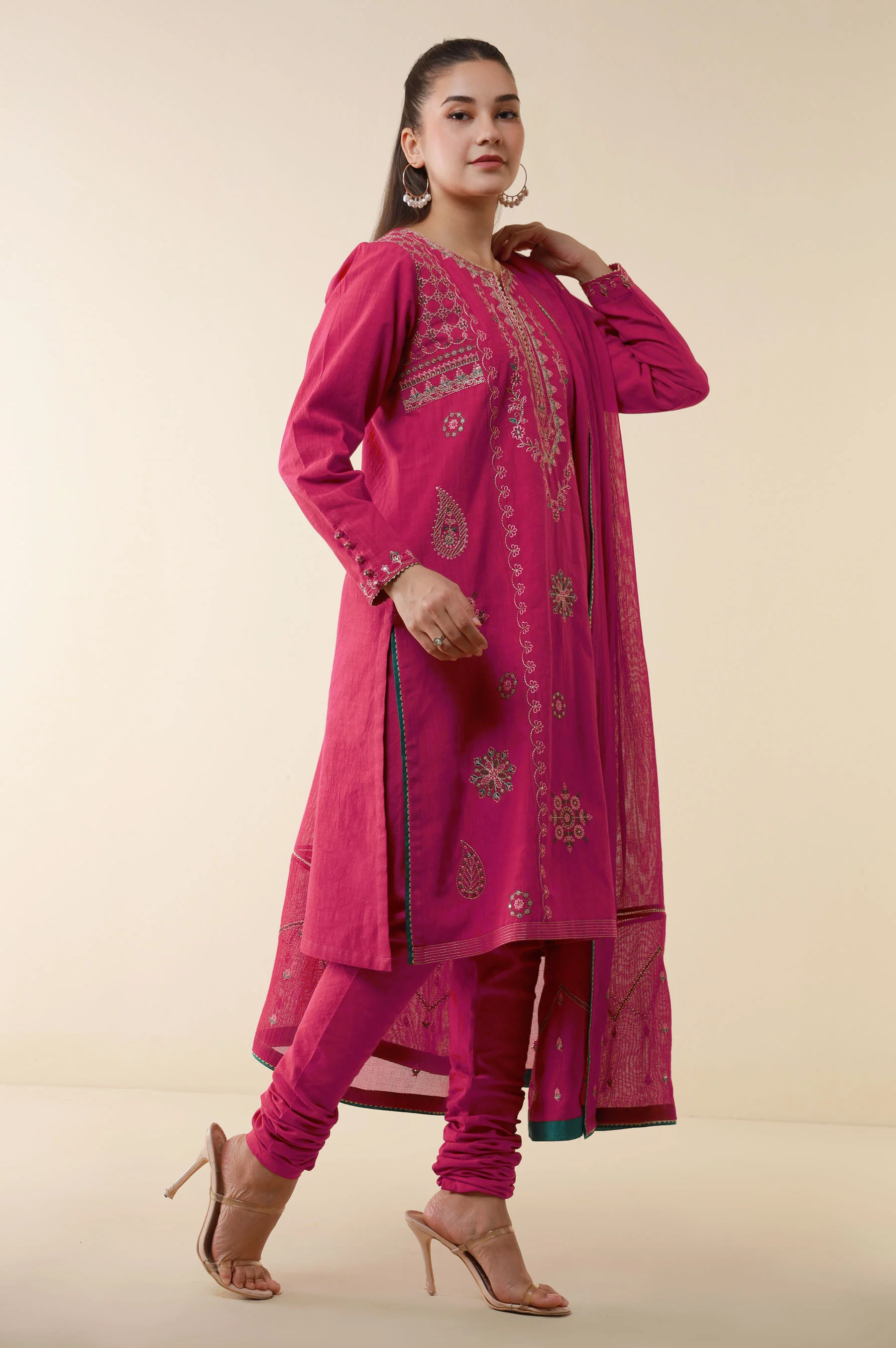 Unstitched 3 Piece Embroidered Textured Suit - Image 3