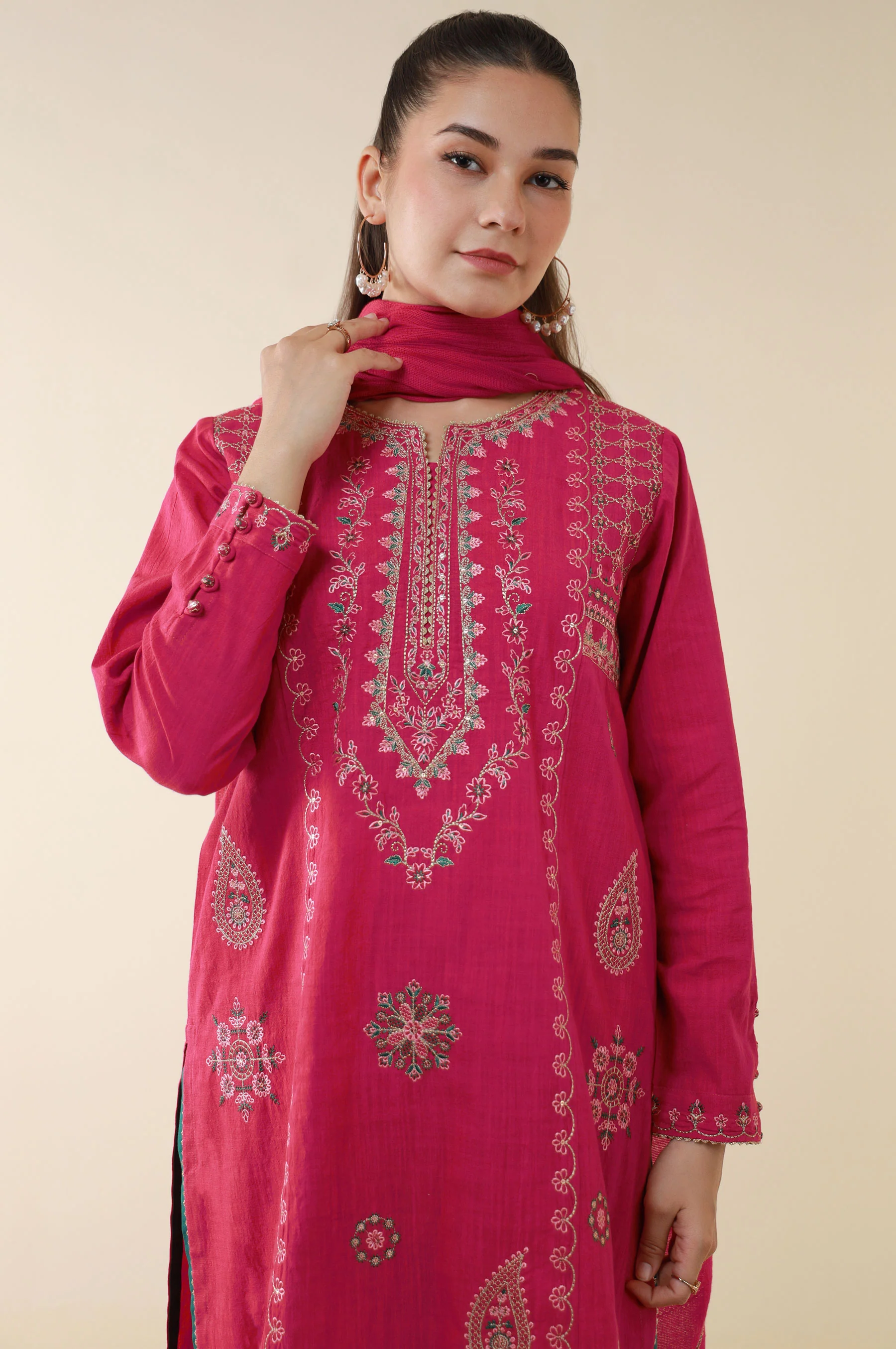 Unstitched 3 Piece Embroidered Textured Suit - Image 6