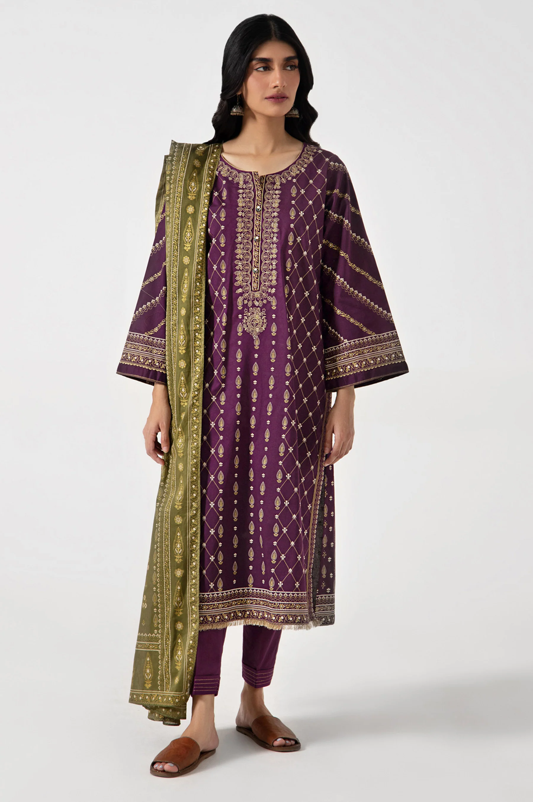 Unstitched 3 Piece Gold & Colored Paste Lawn Suit