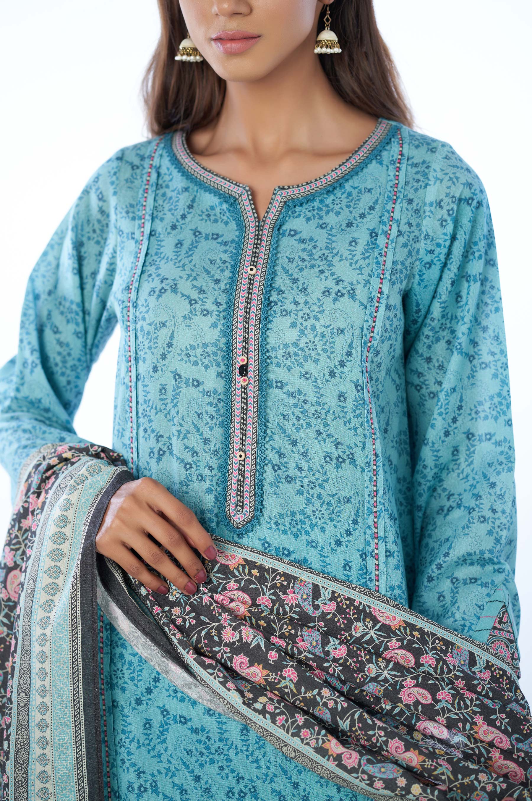 Unstitched 3 Piece Printed Karandi Suit - Image 4