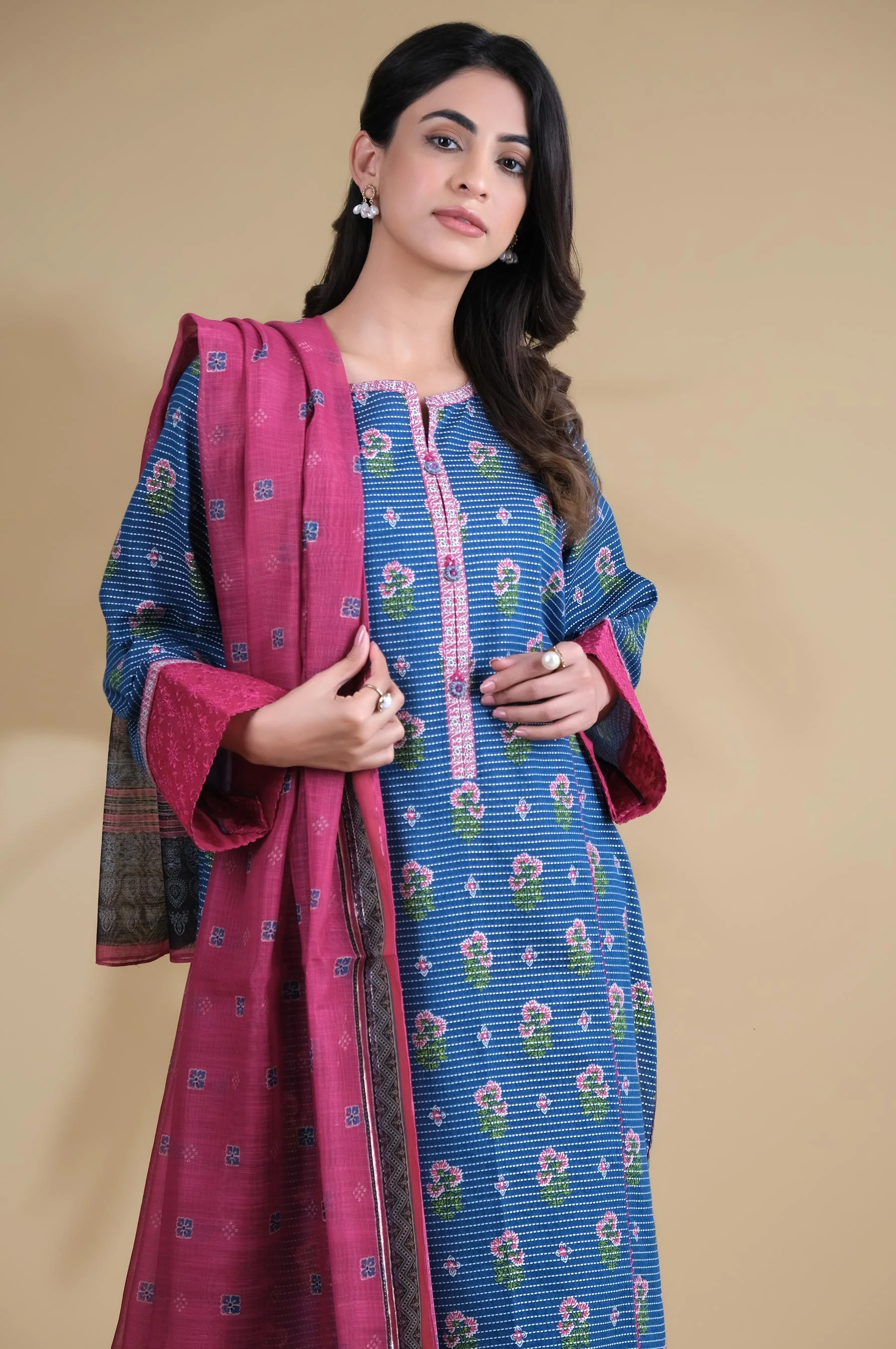 Unstitched 3 Piece Printed Dobby Lawn Suit - Image 3