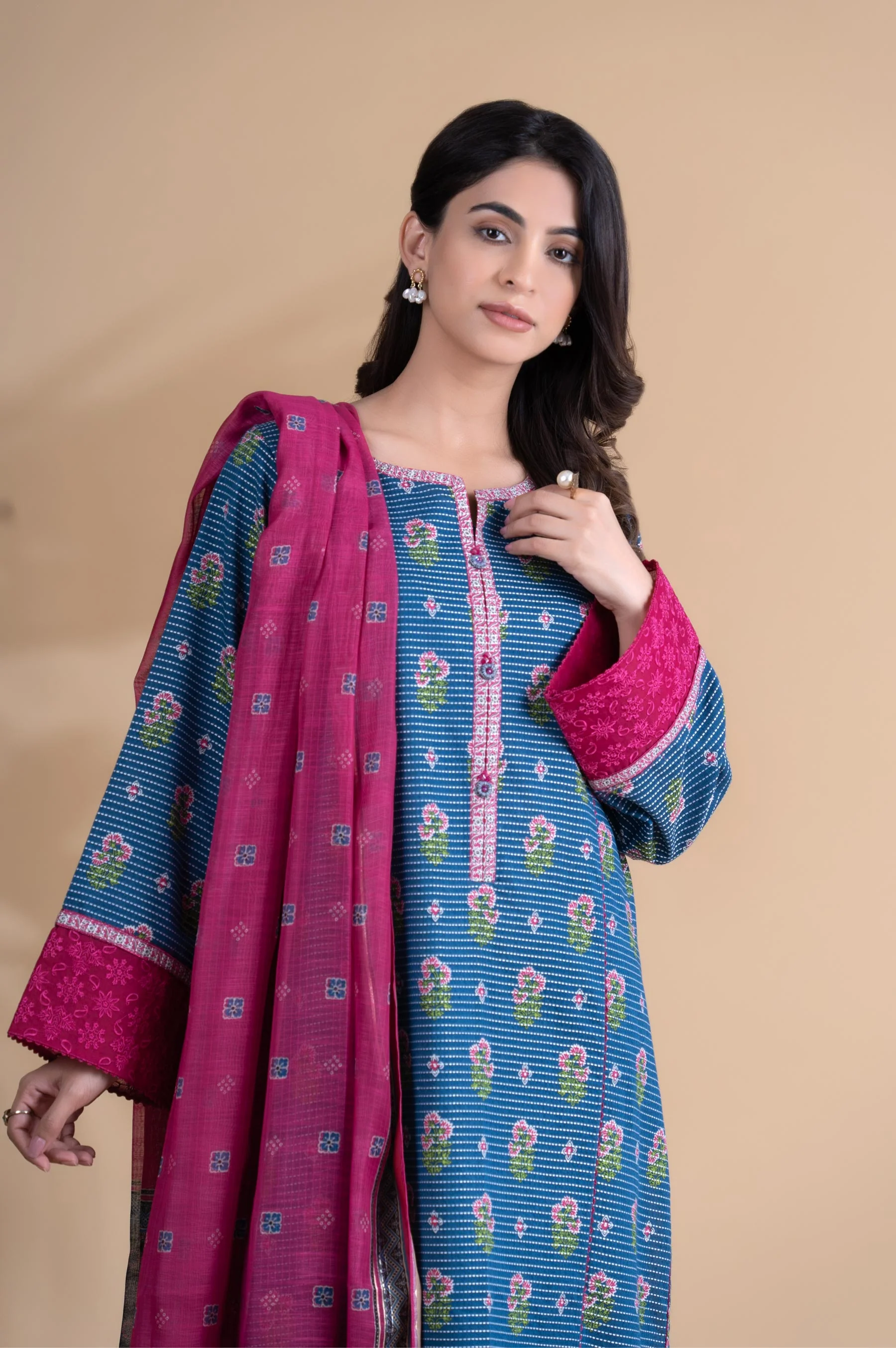 Unstitched 3 Piece Printed Dobby Lawn Suit - Image 7