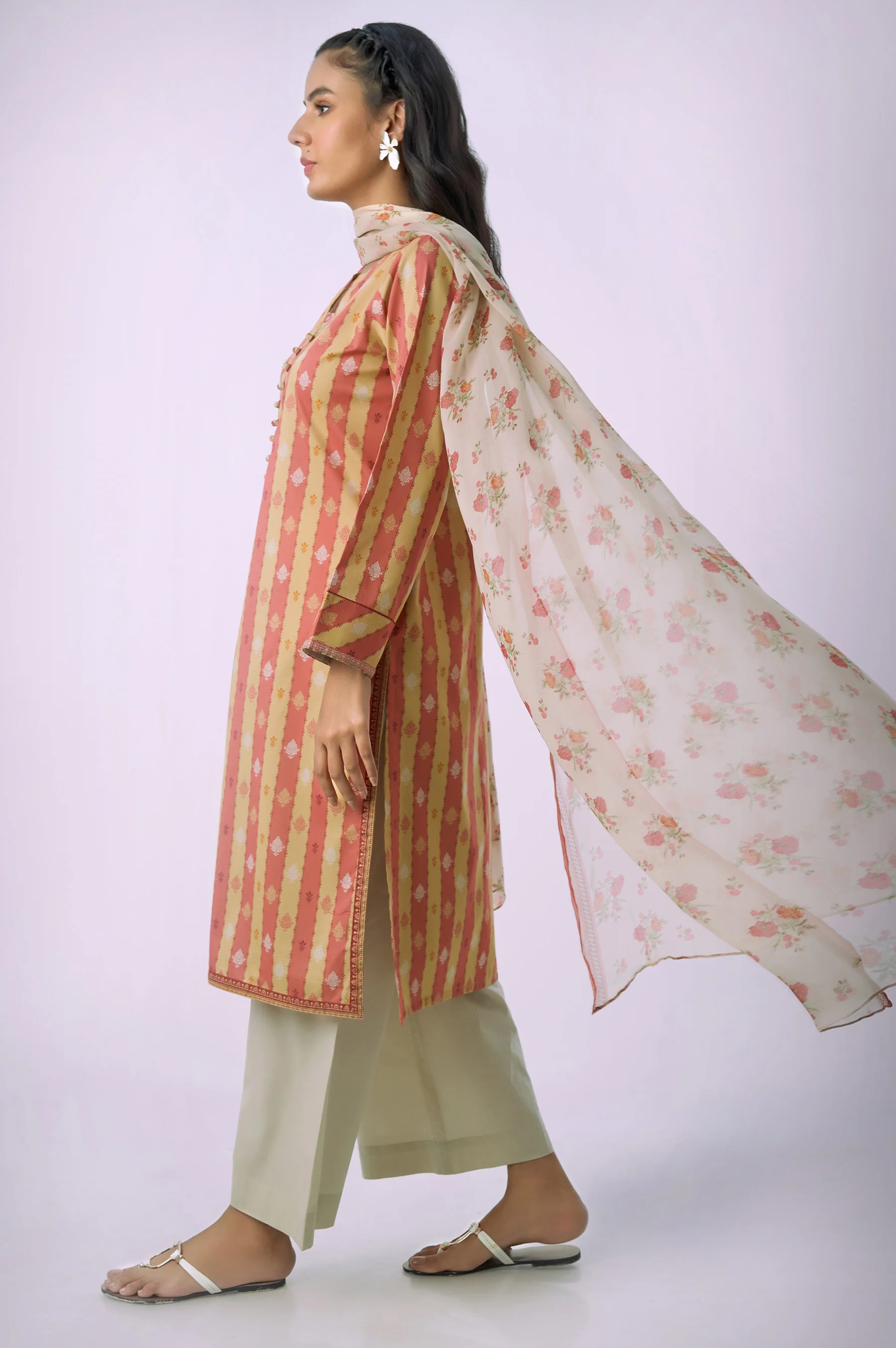 Unstitched 3 Piece Printed Lawn Shirt with Chiffon Dupatta - Image 4
