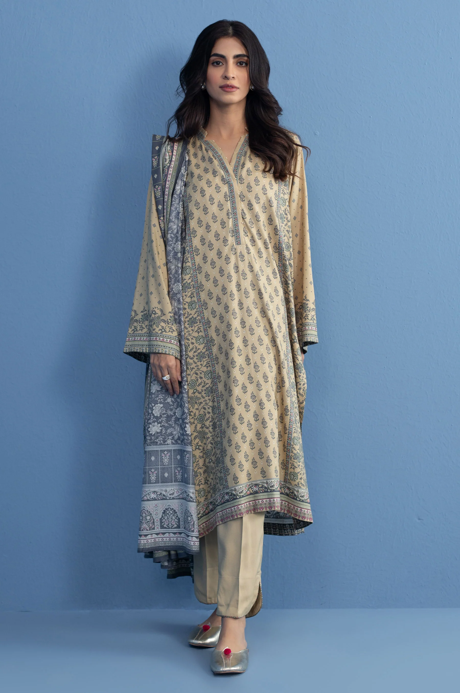 Unstitched 3 Piece Printed Linen Viscose Suit