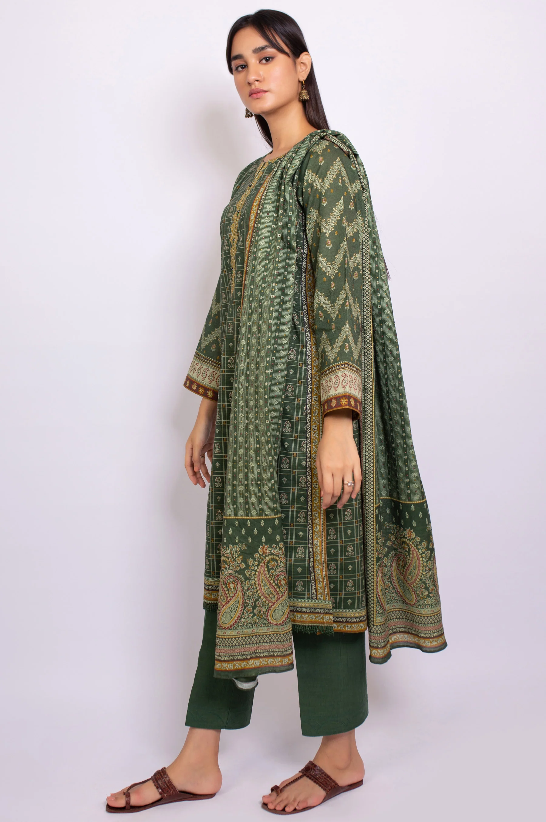 Unstitched 3 Piece Printed Linen Viscose Suit - Image 4