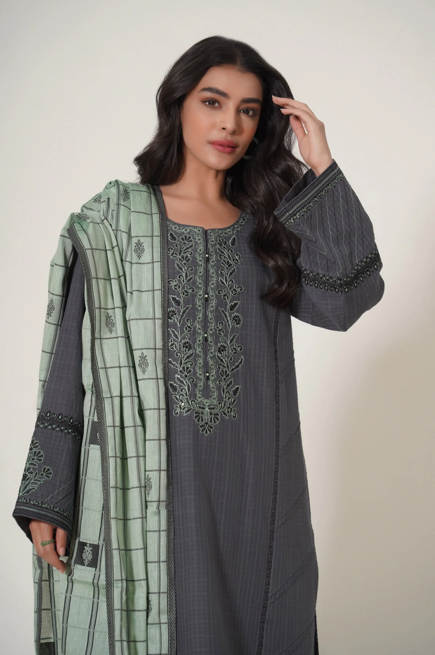 Unstitched 3 Piece Embroidered Textured Slub Suit - Image 3
