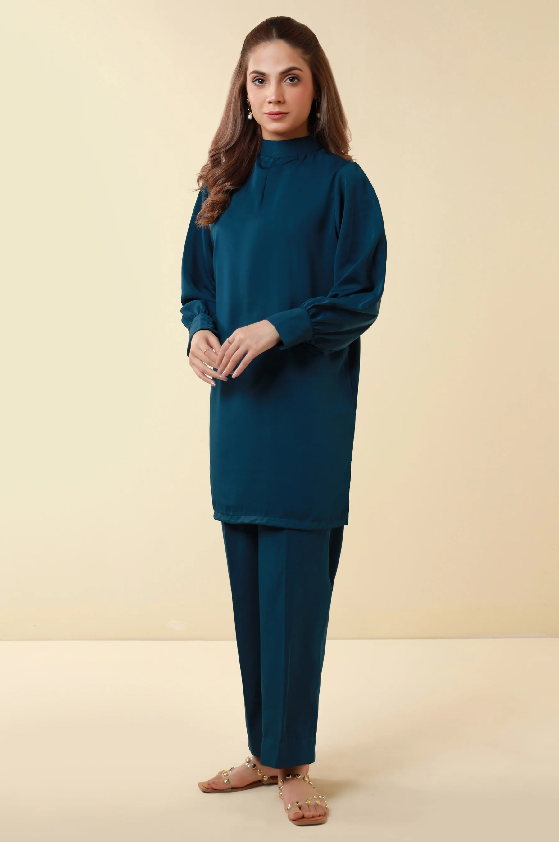Zeen Western Silk Co-ord Set - Teal - Image 3