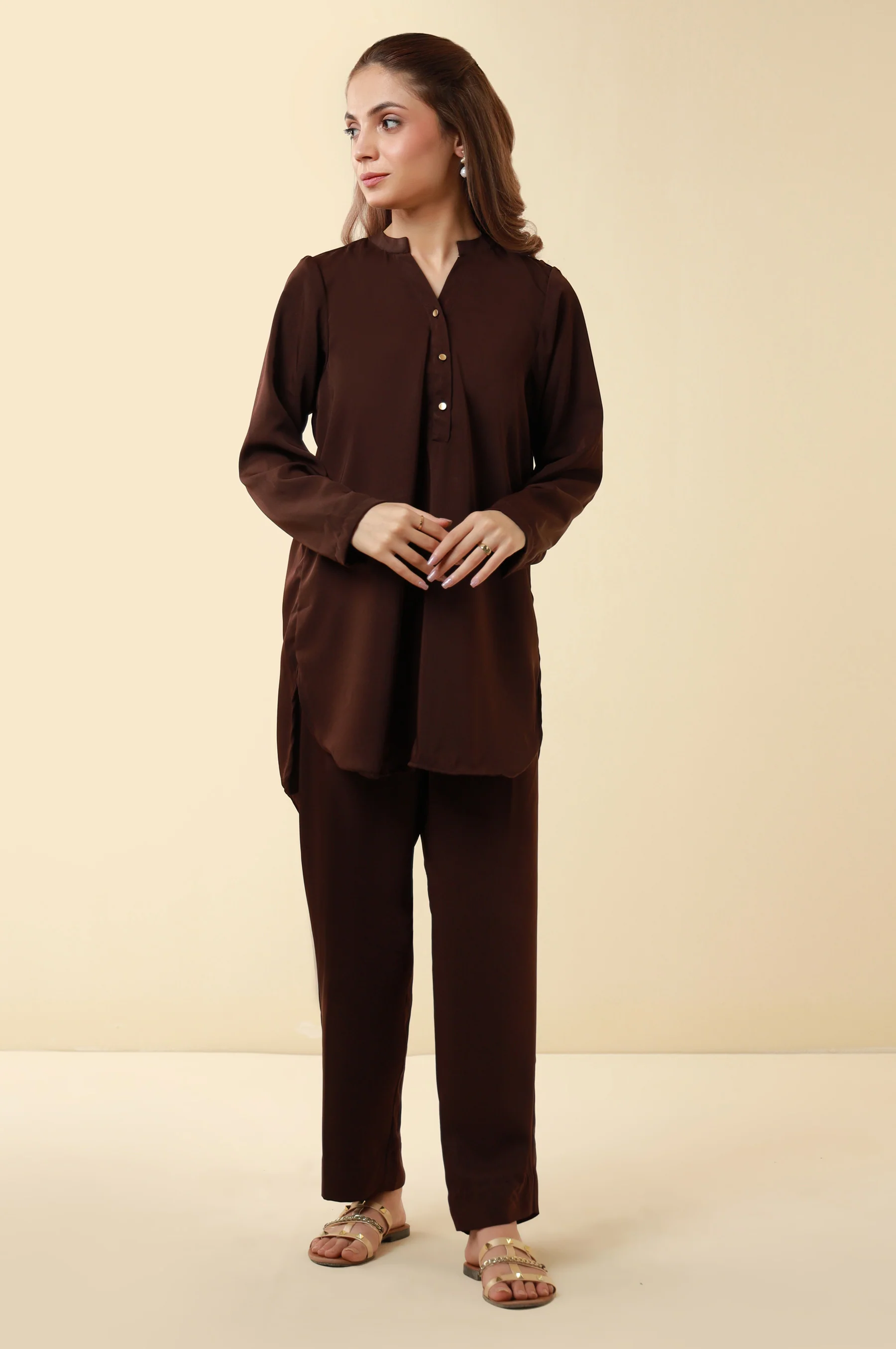 Zeen Western Silk Co-ord Set - Chocolate Brown