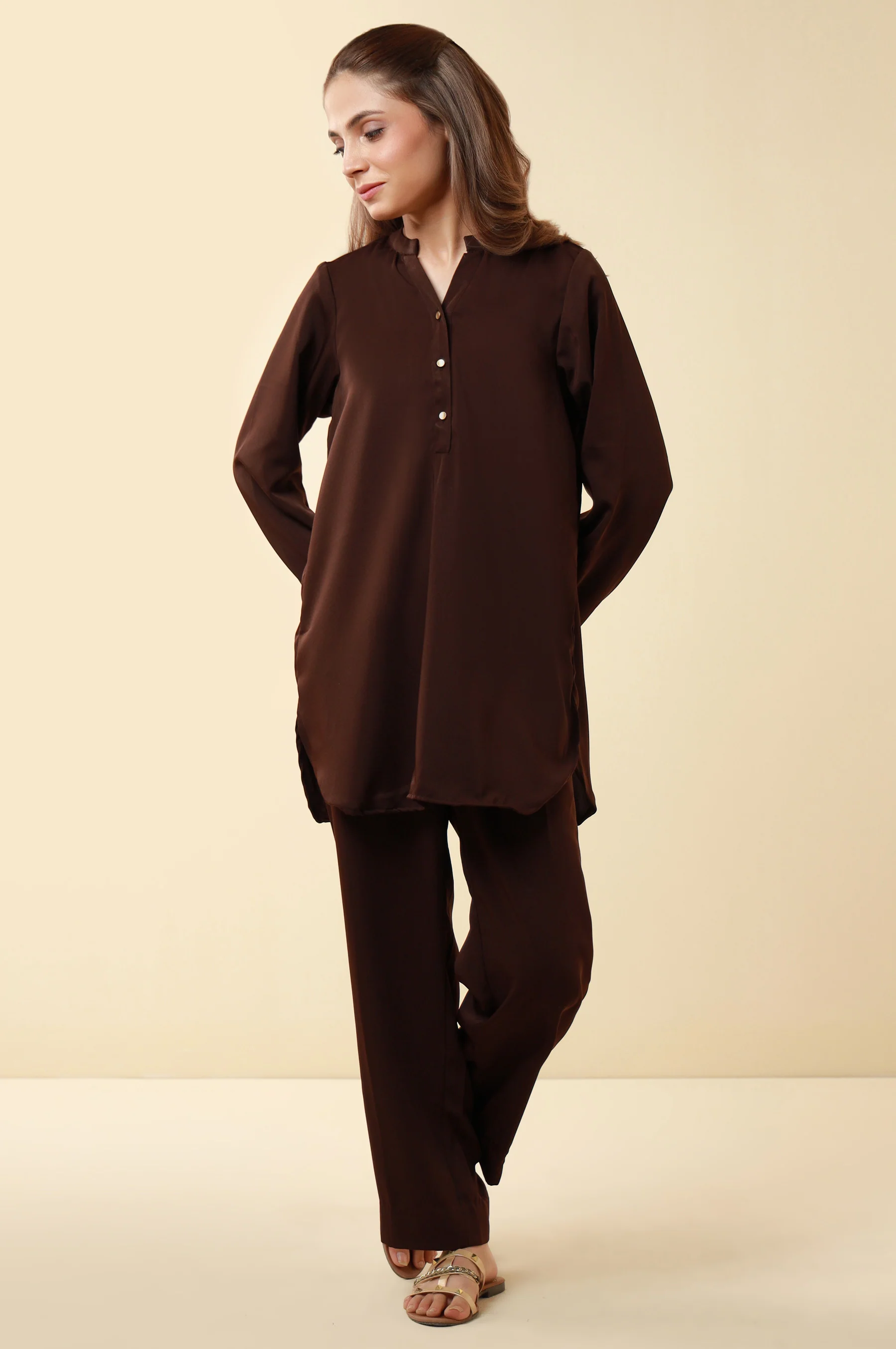 Zeen Western Silk Co-ord Set - Chocolate Brown - Image 3